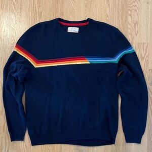 Marine Layer x Lost and Found Men's Rainbow Stripe/Navy Crew Neck Sweater LARGE